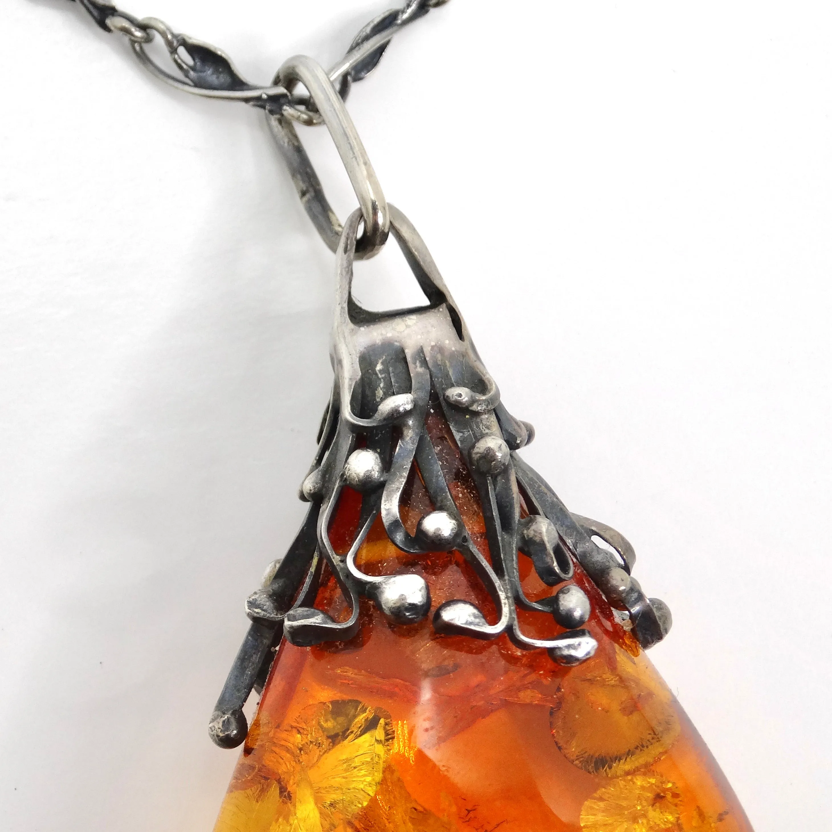 1960s Silver Amber Pendant Necklace