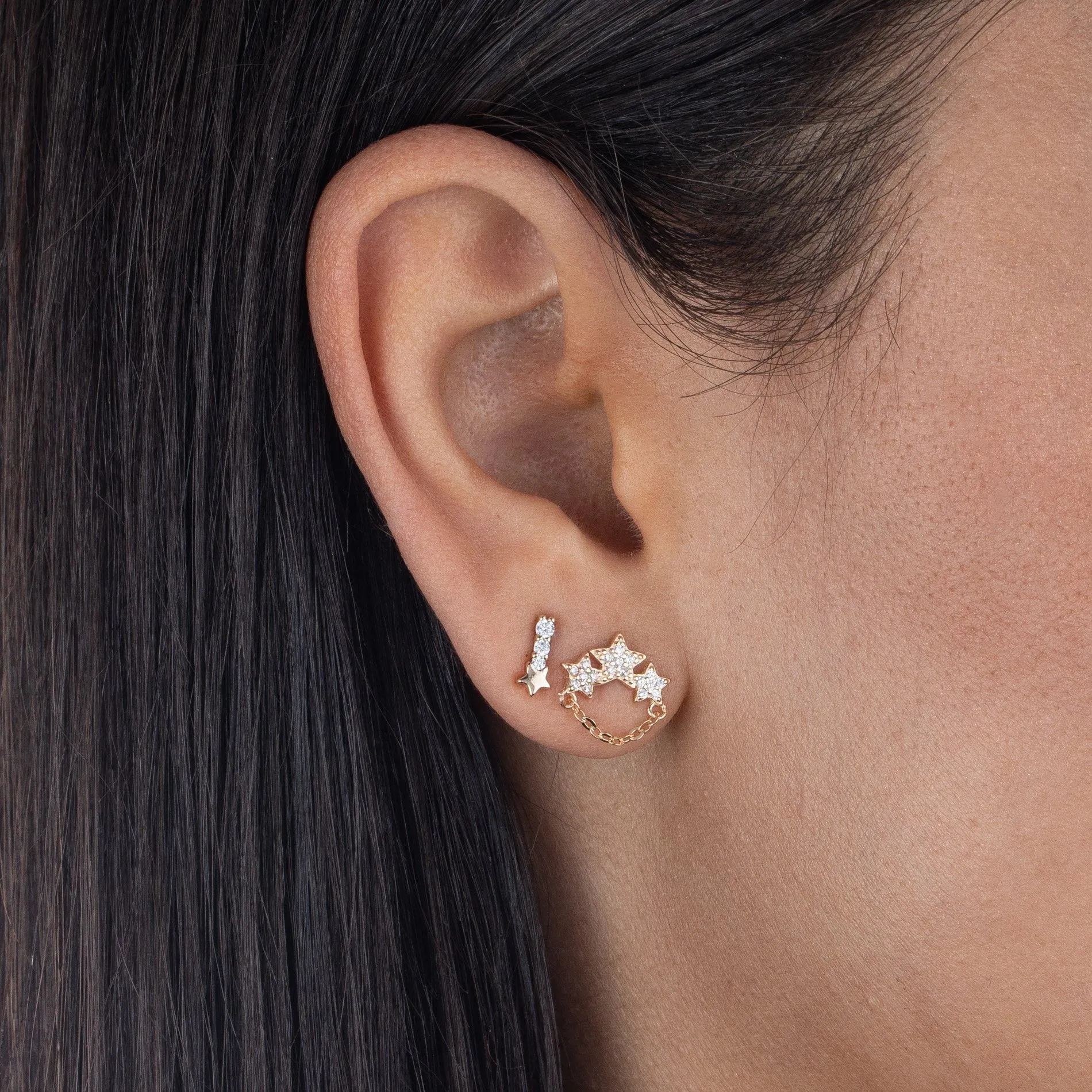 CZ Mini Three Star Chain Stud Earring
