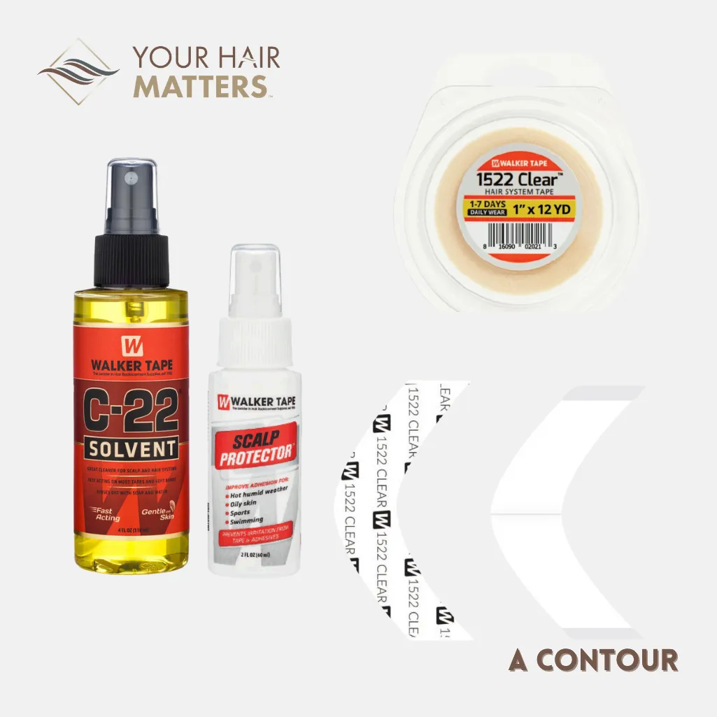 EASY INSTALL KIT *PLUS* - For Hair System DAILY WEAR with TAPE ROLL, 36 CONTOUR STRIPS, C22 SOLVENT, and SCALP PROTECTOR (WALKER)
