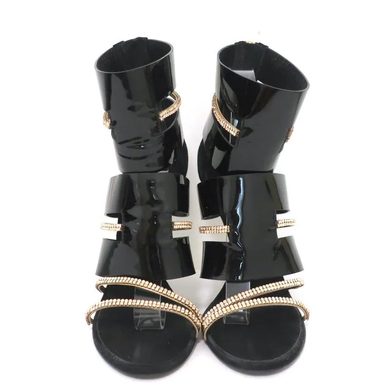 Giuseppe Zanotti x Balmain Sandal Boot Crystal-Trim Black Patent & Suede Size 39