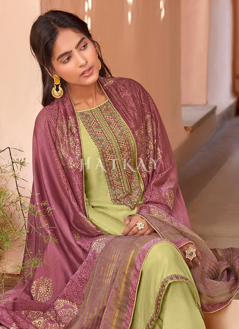 Green And Pink Embroidered Pant Style Salwar Suit