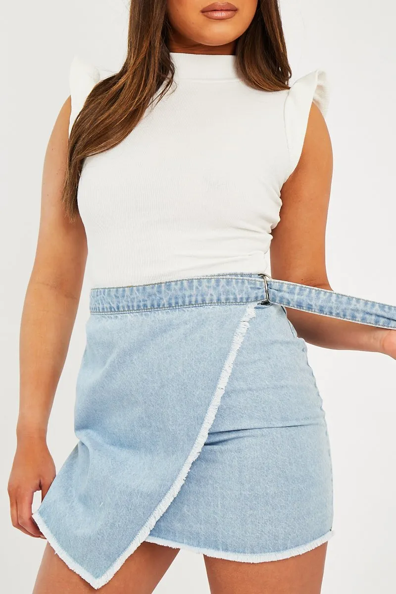 Light Blue Wrap Ring Fastening Denim Mini Skirt - Hestia