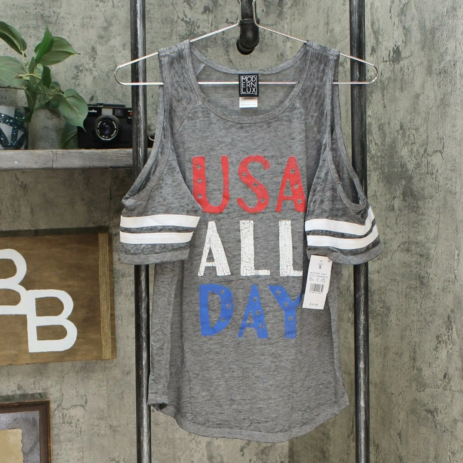 Modern Lux Women's Short Sleeve USA All Day Cold Shoulder Graphic T-Shirt