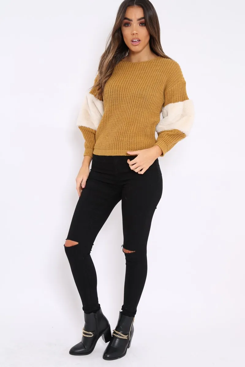Mustard Chunky Knit Cream Fur Sleeve Jumper - Kimberly