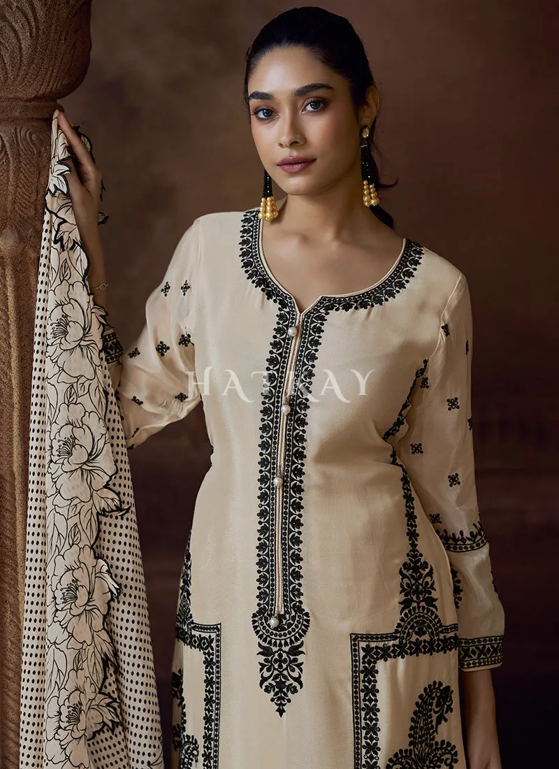 Off White Thread Embroidery Palazzo Suit