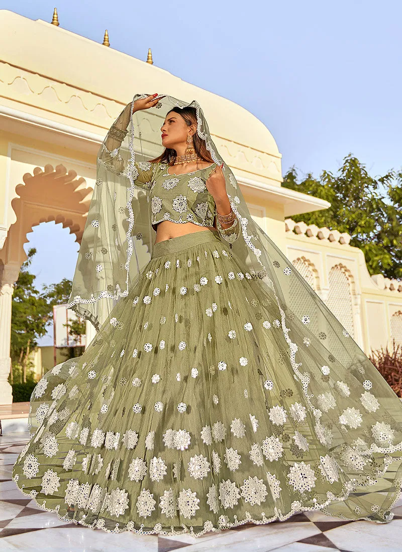 Olive Green Badla Embroidered Festive Lehenga Choli