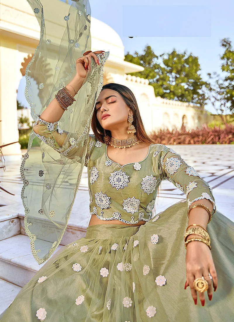 Olive Green Badla Embroidered Festive Lehenga Choli