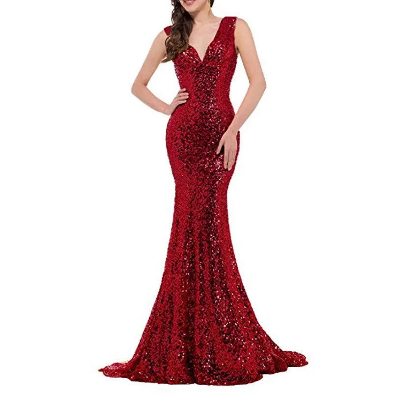 sd-hk Women Sequin Evening Maxi Dress Strapless Slim Prom Gowns