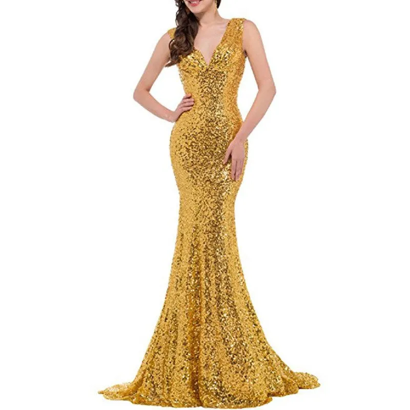 sd-hk Women Sequin Evening Maxi Dress Strapless Slim Prom Gowns