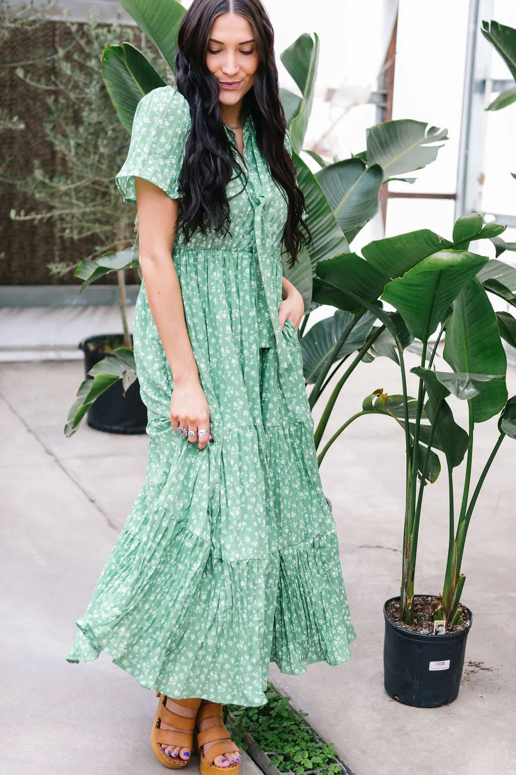 Take Me To Church Tiered Maxi Dress // Green Floral