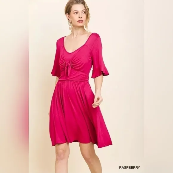 UMGEE V-Neck Ruffle Sleeve Tie Front Dress